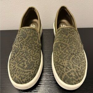 Clarks Leopard Print Slip-On Shoes - Olive and Black